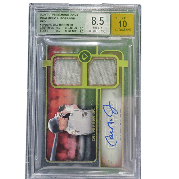 Graded 2023 Topps Diamond Icons Dual Relic Autographs Red Cal Ripken Jr. #SPDCRJ BGS 8.5 Auto 10 Baseball Card