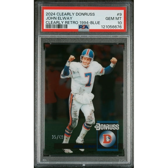 Graded 2024 Panini Clearly Donruss John Elway #9 Clearly Retro 1994 Blue /49 Football Card PSA 10 Gem Mint