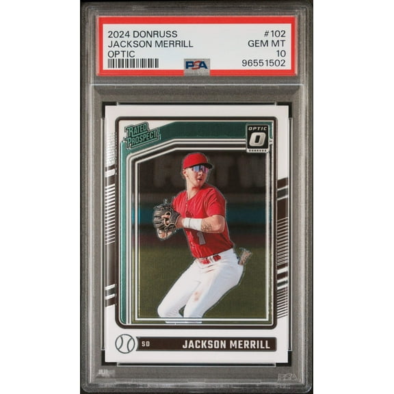 Graded 2024 Panini Donruss Jackson Merrill #102 Optic Rookie RC Baseball Card PSA 10 Gem Mint