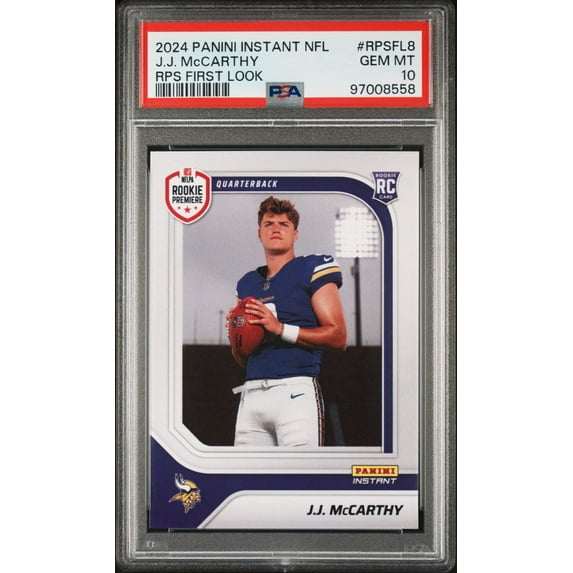 Graded 2024 Panini Instant NFL JJ McCarthy #RPSFL8 RPS First Look Rookie RC Football Card PSA 10 Gem Mint