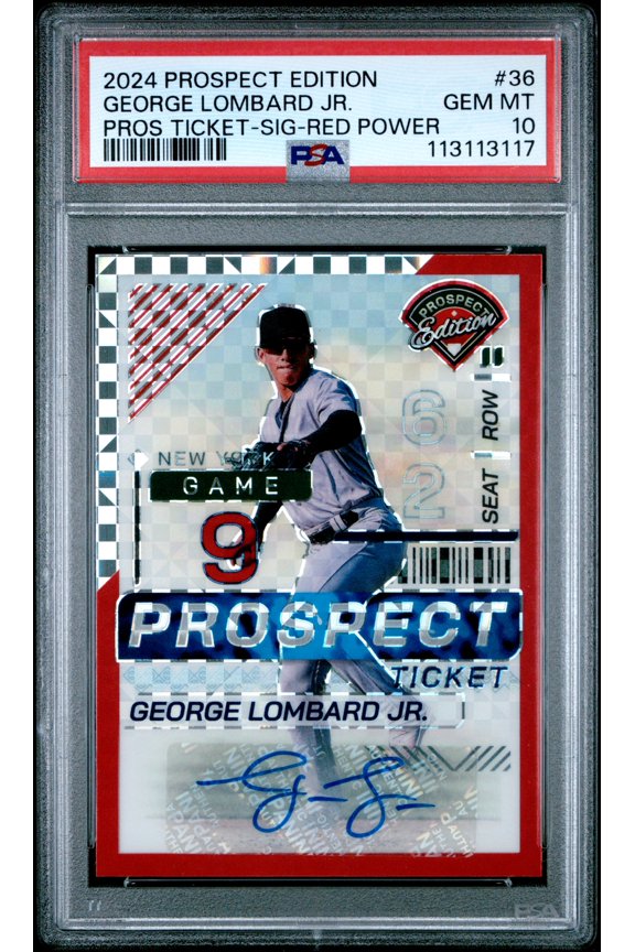 Graded 2024 Panini Prospect Edition Prospect Ticket George Lombard Jr #36 SIG Red Power PSA 10 Baseball Card