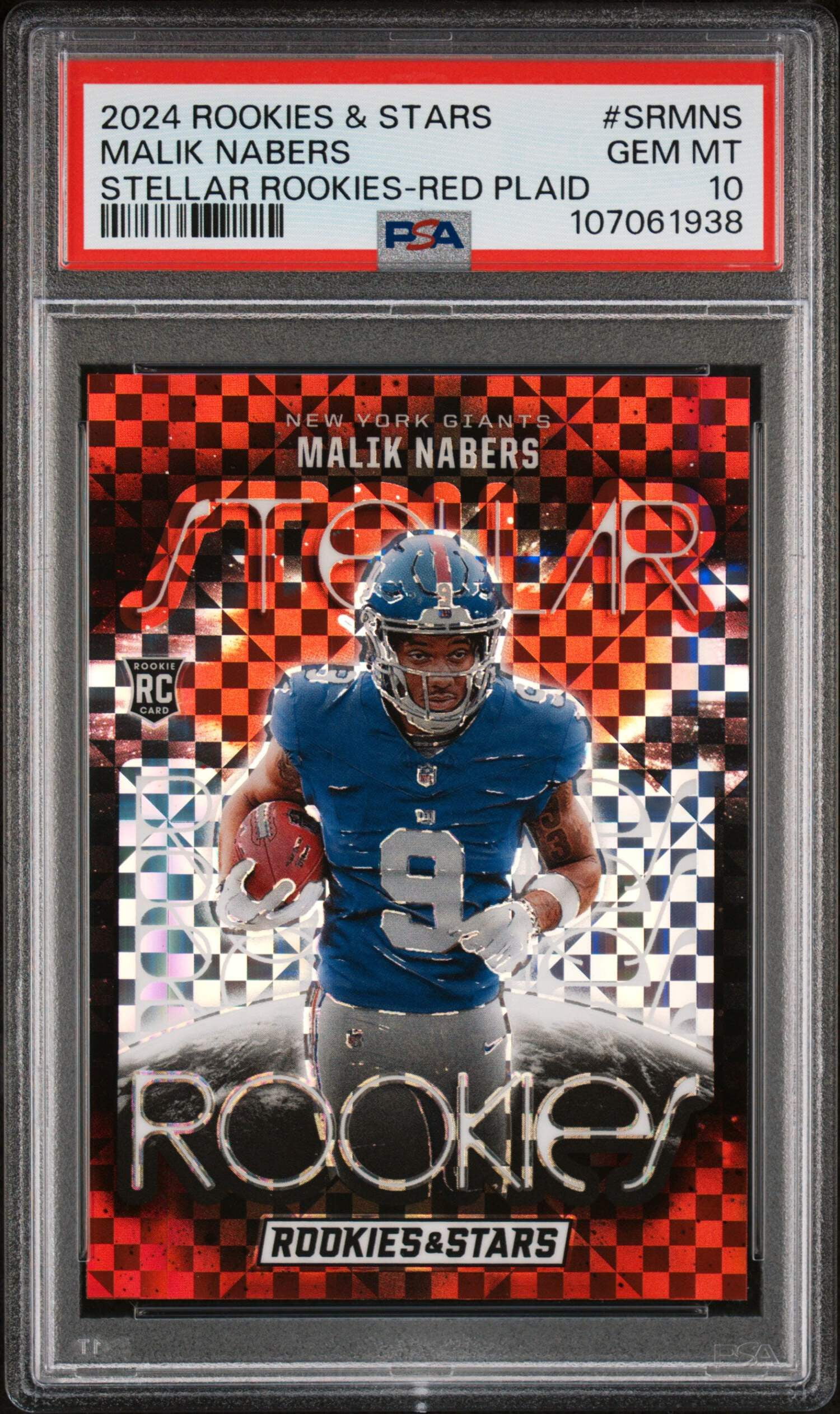 Graded 2024 Panini Rookies  Stars Malik Nabers #SRMNS Stellar Rookies Red Plaid Rookie RC Football Card PSA 10 Gem Mint