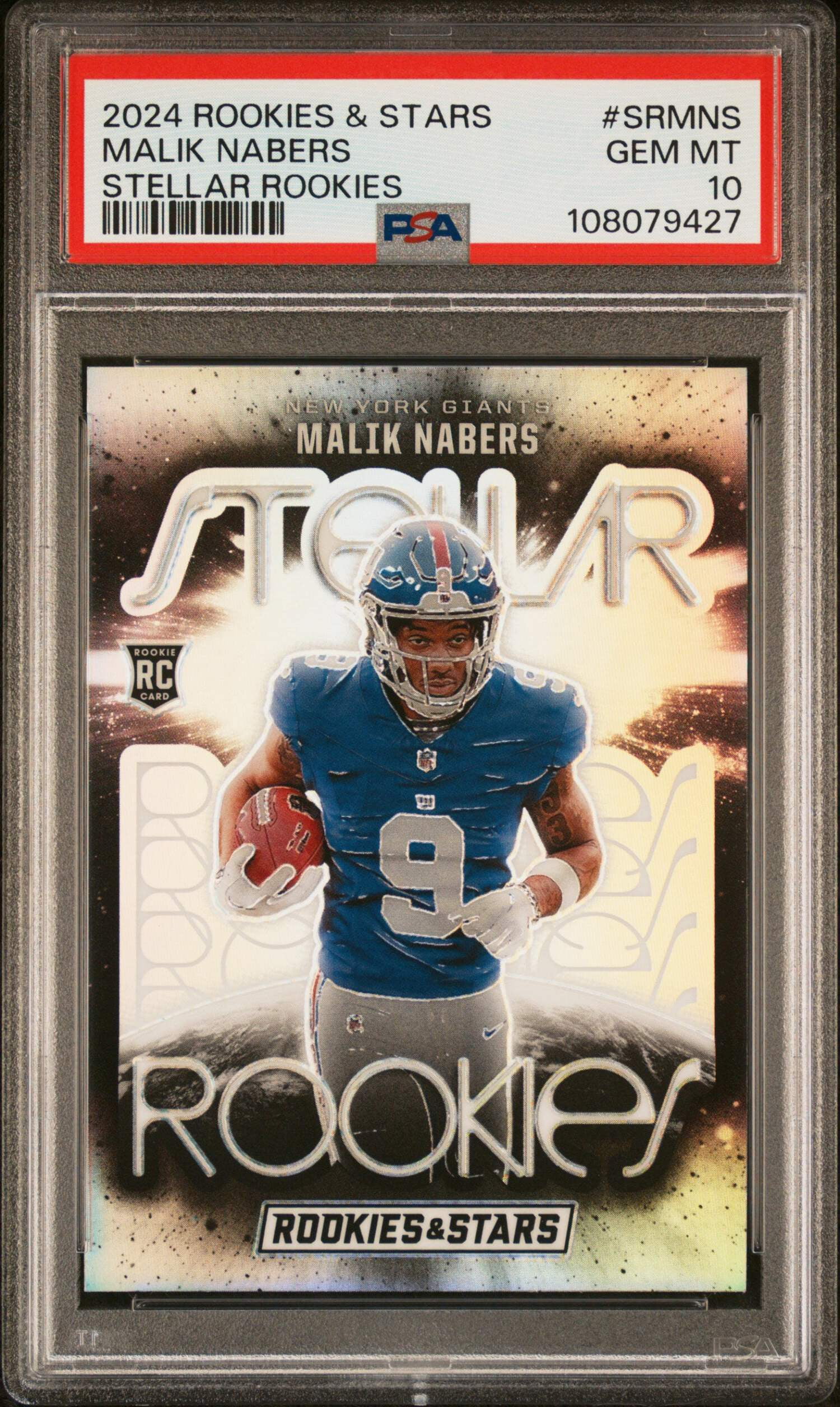 Graded 2024 Panini Rookies  Stars Malik Nabers #SRMNS Stellar Rookies Rookie RC Football Card PSA 10 Gem Mint
