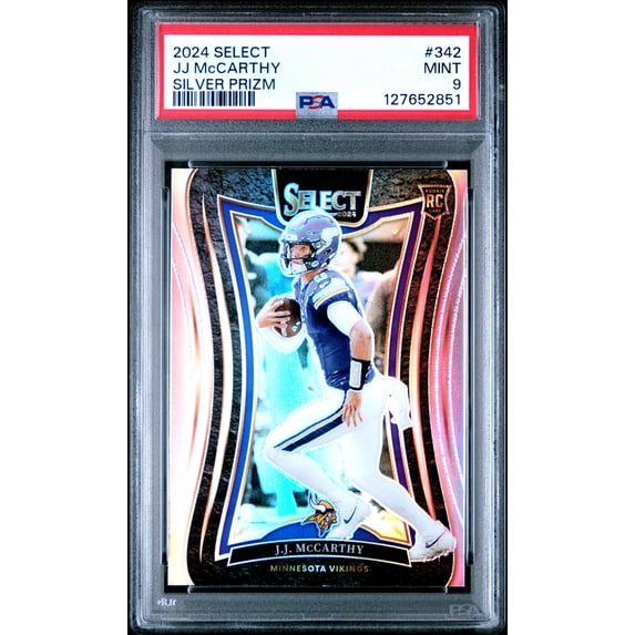 Graded 2024 Panini Select JJ McCarthy #342 Silver Prizm Rookie RC Football Card PSA 9 Mint