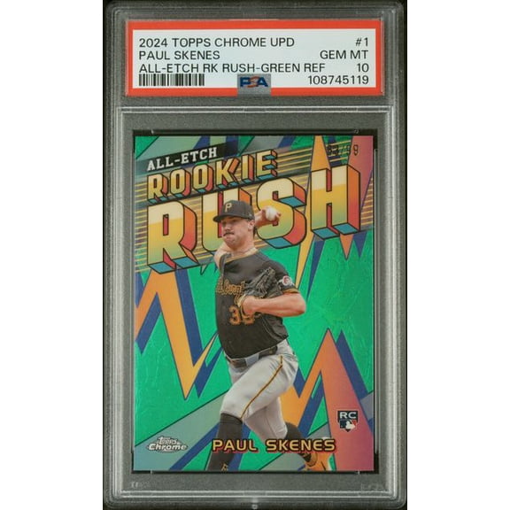 Graded 2024 Topps Chrome Update Paul Skenes #1 /99 All Etch Rookie Rush Green Refractor Rookie RC Baseball Card PSA 10 Gem Mint