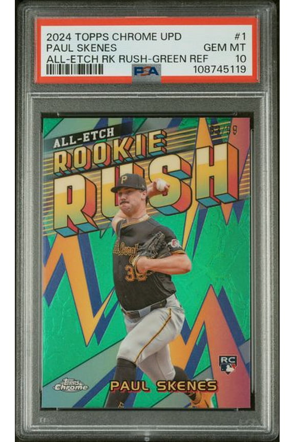 Graded 2024 Topps Chrome Update Paul Skenes #1 /99 All Etch Rookie Rush Green Refractor Rookie RC Baseball Card PSA 10 Gem Mint