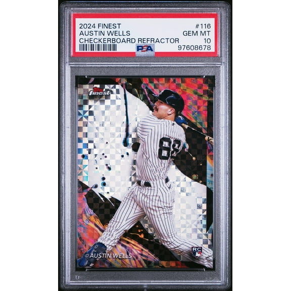 Graded 2024 Topps Finest Austin Wells #116 Checkerboard Refractor Rookie RC Baseball Card PSA 10 Gem Mint