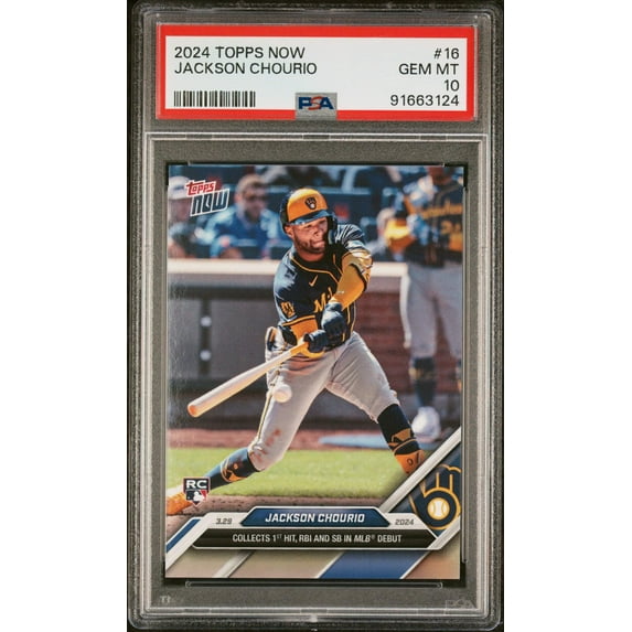 Graded 2024 Topps Now Jackson Chourio #16 Rookie RC Baseball Card PSA 10 Gem Mint