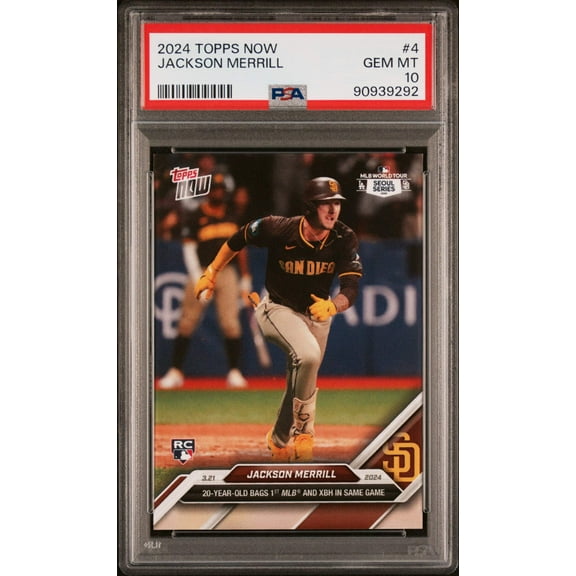 Graded 2024 Topps Now Jackson Merrill #4 Seoul Series Rookie RC Baseball Card PSA 10 Gem Mint