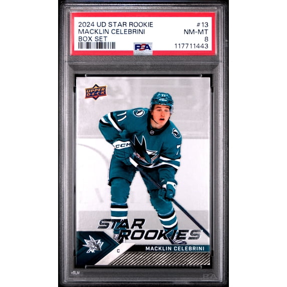 Graded 2024 Upper Deck Star Rookie Macklin Celebrini #13 Box Set Rookie RC Hockey Card PSA 8 Near Mint