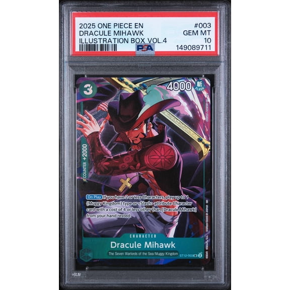 Graded 2025 One Piece Promos Dracule Mihawk Illustration Box Vol. 4 PSA 10 #3 Trading Card