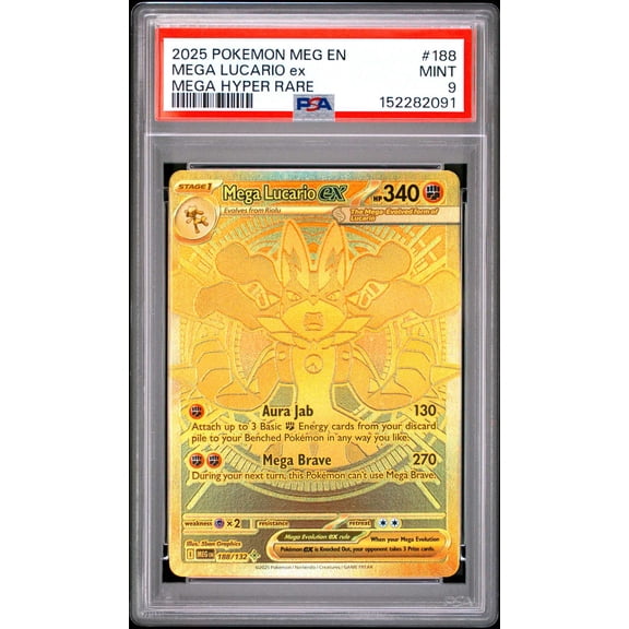 Graded 2025 PSA 9 Mega Lucario ex Mega Evolution Base Set Gold Mega Hyper Rare 188/132 Pokmon Card