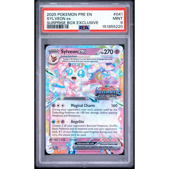 Graded 2025 PSA 9 Sylveon EX #041 Prismatic Evolutions Pokemon Surprise Box Exclusive Trading Card