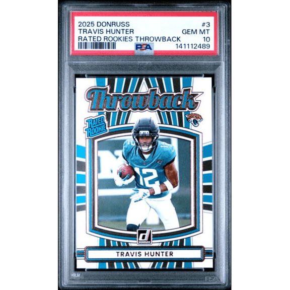 Graded 2025 Panini Donruss Travis Hunter #3 Rated Rookies Throwback Rookie RC Football Card PSA 10 Gem Mint