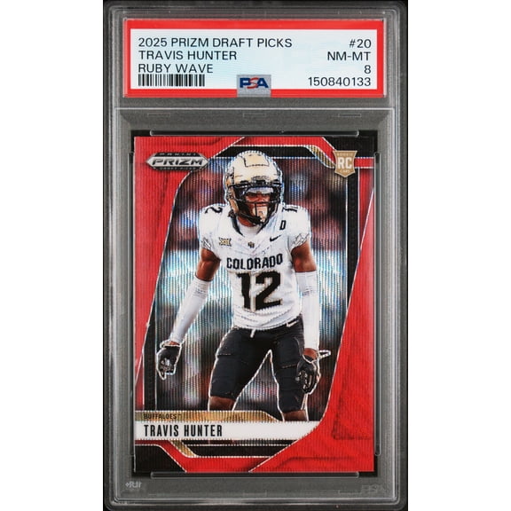 Graded 2025 Panini Prizm Draft Picks Travis Hunter #20 Prizms Ruby Wave Rookie RC Football Card PSA 8 Near Mint