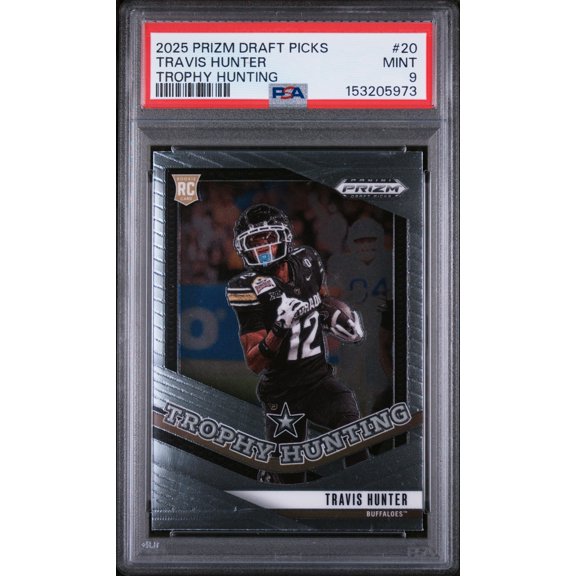 Graded 2025 Panini Prizm Draft Picks Travis Hunter #20 Trophy Hunting Rookie RC Football Card PSA 9 Mint