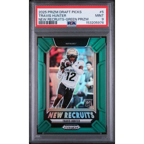 Graded 2025 Panini Prizm Draft Picks Travis Hunter #5 New Recruits Green Rookie RC Football Card PSA 9 Mint