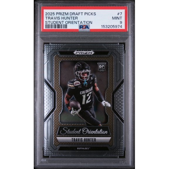 Graded 2025 Panini Prizm Draft Picks Travis Hunter #7 Student Orientation Rookie RC Football Card PSA 9 Mint