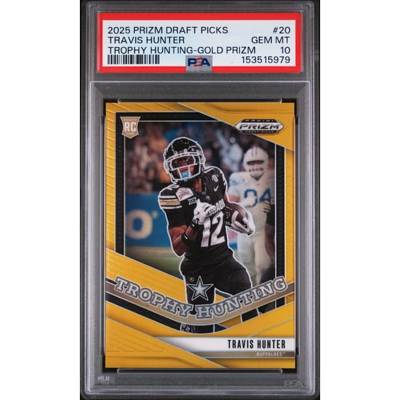 Graded 2025 Panini Prizm Draft Picks Trophy Hunting Travis Hunter #20 Gold PSA 10