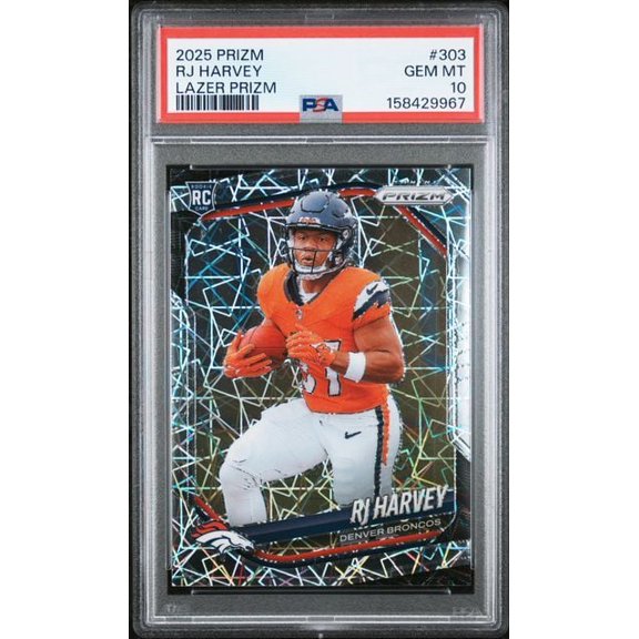 Graded 2025 Panini Prizm RJ Harvey #303 Lazer Prizm Rookie RC Football Card PSA 10 Gem Mint