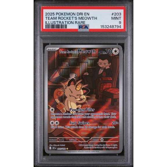 Graded 2025 Pokemon Destined Rivals Team Rocket's Meowth Illustration Rare PSA 9 Card #203