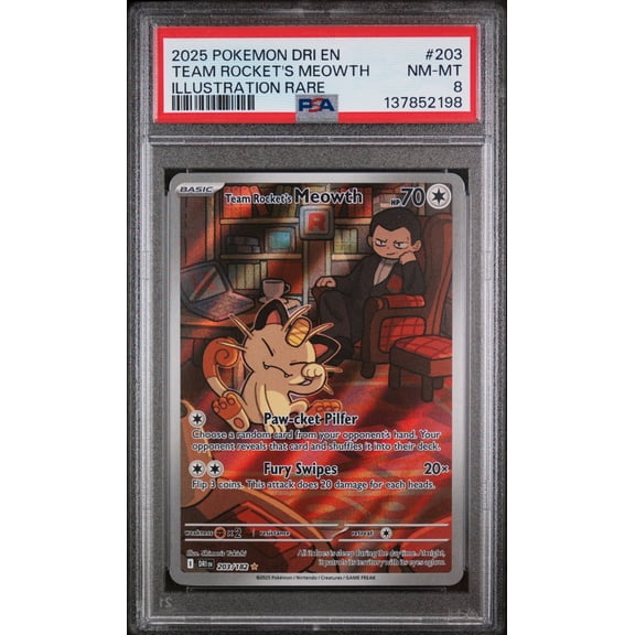 Graded 2025 Pokemon EN Destined Rivals Illustration Rare PSA 8 Team Rocket's Meowth #203 Trading Card
