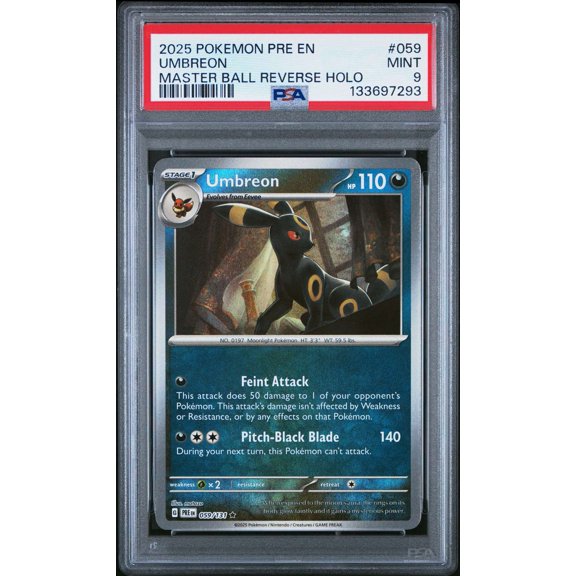 Graded 2025 Pokemon Pre EN-Prismatic Evolutions Umbreon Master Ball Reverse Holo #059 PSA 9 Trading Card
