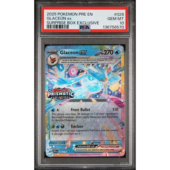Graded 2025 Pokemon Prismatic Evolutions Glaceon ex Surprise Box Exclusive PSA 10 #026