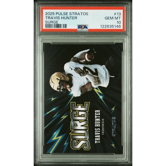 Graded 2025 Pulse Stratos Travis Hunter #13 Surge /40 Rookie RC Football Card PSA 10 Gem Mint