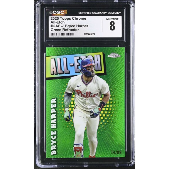 Graded 2025 Topps Chrome Bryce Harper CAE-7 Green Refractor All-Etch 74/99 CGC 8 Baseball Card