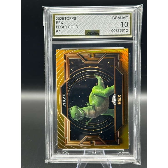 Graded 2025 Topps Chrome Pixar Gold AGS 10 Toy Story Rex #7 Trading Card