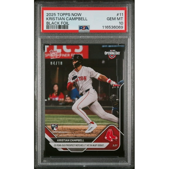 Graded 2025 Topps Now Kristian Campbell #11 Black Foil /10 Rookie RC Baseball Card PSA 10 Gem Mint