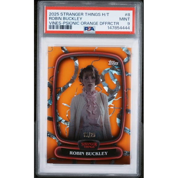 Graded 2025 Topps Stranger Things High Tek Robin Buckley #8 PSA 9 Vines Psionic Orange Dffrctr