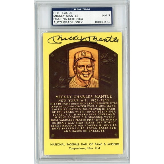 Graded Baseball Hall of Fame Plaque Mickey Mantle Signed Autographed Baseball Postcard PSA/DNA 7 Near Mint