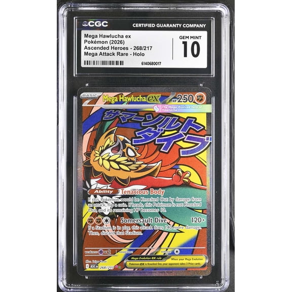 Graded CGC 10 Mega Hawlucha ex Hard Signed Ryo Ueda Holo Mega Attack Rare 268/217