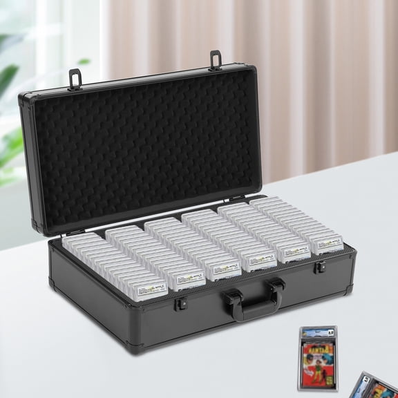 Graded Card Case Storage Box, Trading Card Protective Organizer Box, Waterproof Hard Slab Case with 6 Rows, Lockable & 2 Keys, Holds 222 Cards for Sports & Magnetic Cards, Top Loaders (Black)