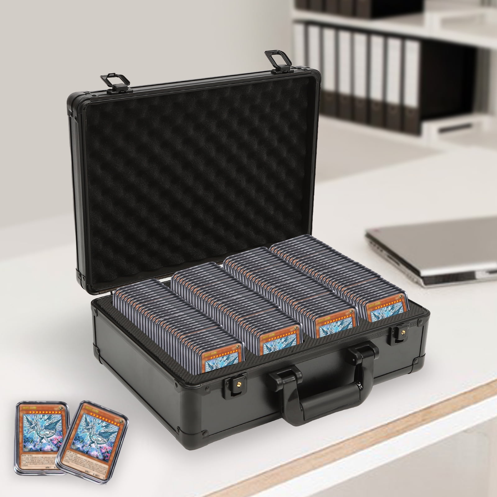Graded Coin Slab Case – Shock-Resistant, Secure Storage for Coins & Cards, 4 Compartments, Aluminum Alloy, Lockable, with Anti-Slip Feet, Black