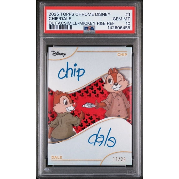 Graded PSA 10 2025 Chrome Disney Mickey Mouse Red Black Ref Facsimile Auto Chip Dale 1/28