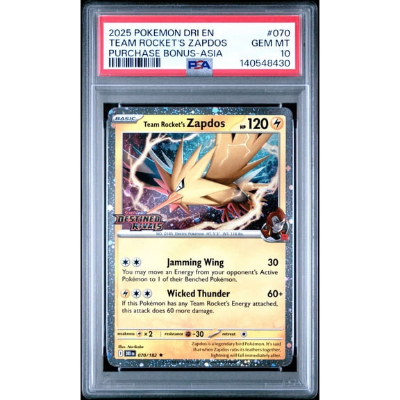 Graded PSA 10 2025 Pokemon EN-Destined Rivals Team Rocket's Zapdos Purchase Bonus-Asia #070