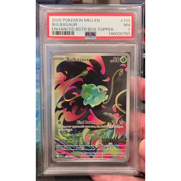 Graded PSA 7 2025 Pokemon EN Mega Evolution Bulbasaur Enhanced Bstr Box Topper #133