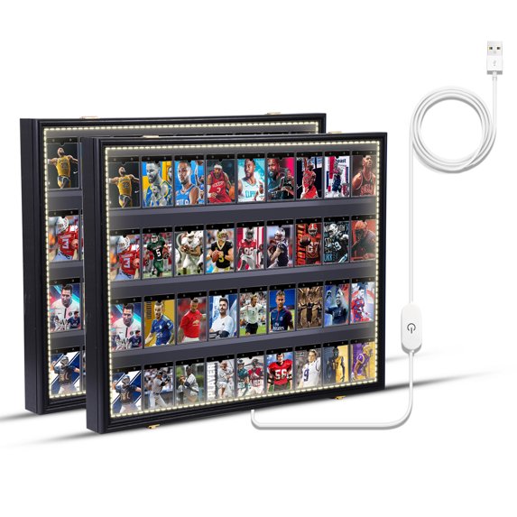 Graded Sports Card Display Case with LED Lights, Lockable Acrylic Case for Baseball and Trading Cards, 98% UV Protection (2 Pack Horizontal)