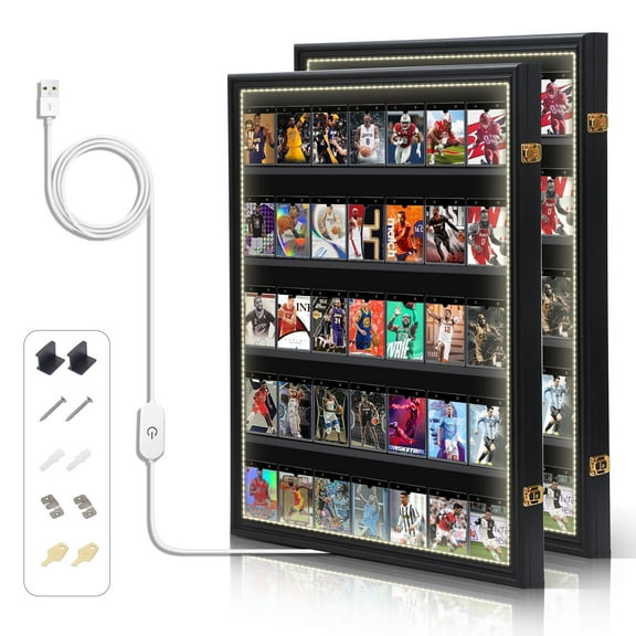 Graded Sports Card Display Case with LED Lights, Lockable Acrylic Case for Baseball and Trading Cards, 98% UV Protection (2 Pack Vertical)