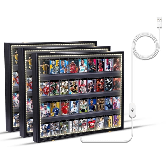 Graded Sports Card Display Case with LED Lights, Lockable Acrylic Case for Baseball and Trading Cards, 98% UV Protection (3 Pack Horizontal)