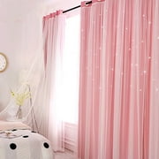 Gradient 2 Layer Blackout Curtains Grommets Princess Star Hollowed Window Curtains for Girls Kids Room Living Room, Bedroom, Window Decor Light Blocking Voile Pink 39“*63“