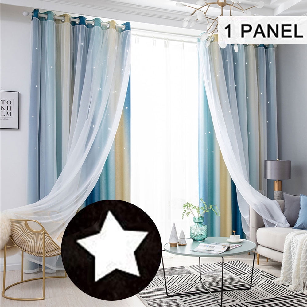 Gradient 2 Layer Stars Tulle+Blackout Curtains Room Darkening Starry Curtain Eyelet Home Room Living Room Bedroom Decor Boys Girls Kids Gift