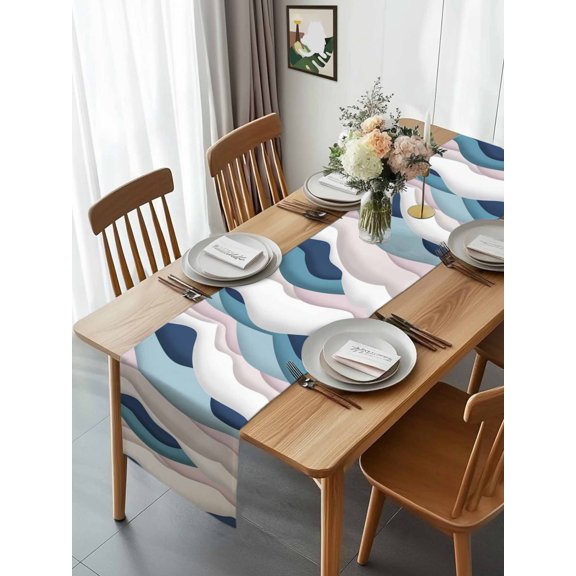 Gradient Abstract Ocean Waves Table Runner 13x70in Non-Slip Cotton Linen Table Runners, Blue Pink White Wave Line Dresser Scarves TableRunner for Dinner Kitchen Dining Wedding Party