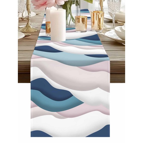 Gradient Abstract Ocean Waves Table Runner-36 Inch Long Blue Pink White Wave Line Table Runners Linen Burlap Tablerunner for Kitchen Dining Room Holiday Party
