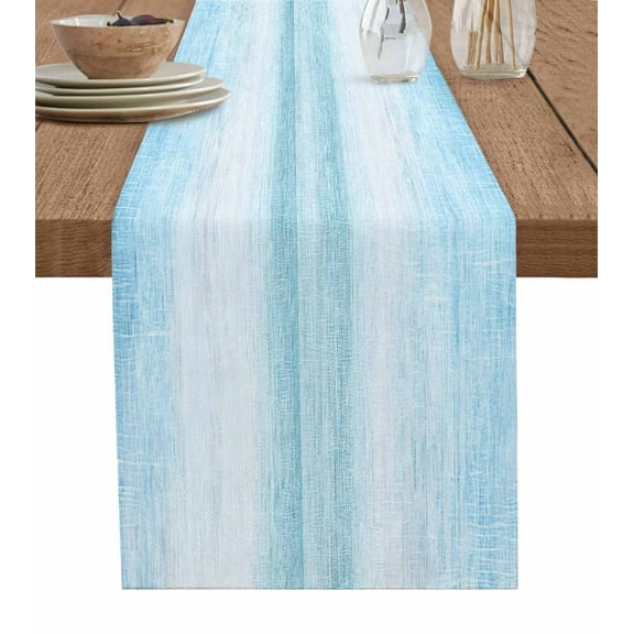 Gradient Aqua Blue Burlap Cotton Table Runner 16x72 Inches Long, Modern Rustic Minimalist Pastel Solid Farmhouse Table Runners, Outdoor Dining Tablecloths Decor for Baby Shower/Party/Wedding