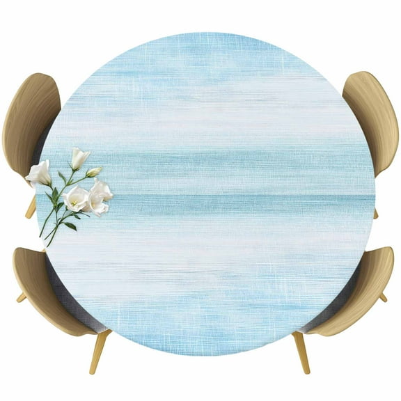 Gradient Aqua Blue Fitted Tablecloth with Elastic Edged, Round Table Cloth for Dining Table, Modern Rustic Minimalist Pastel Solid Waterproof Oil Proof Table Cover for Indoor Outdoor 55"-60"