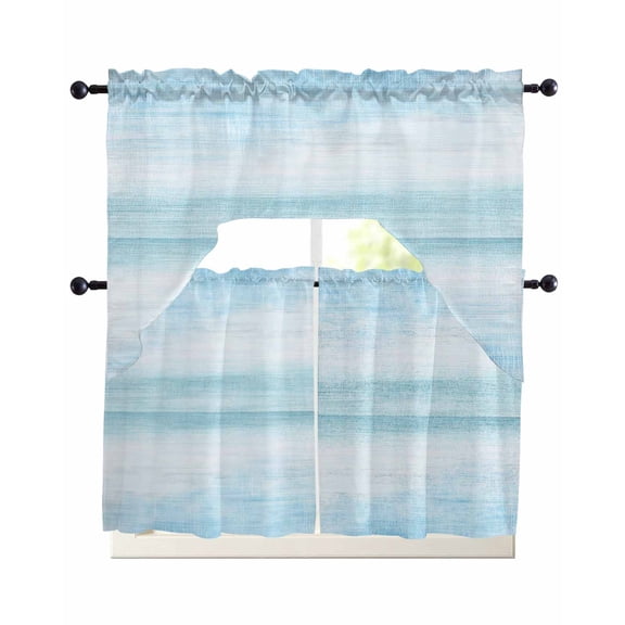 Gradient Aqua Blue Kitchen Curtains Set for Windows 3 Piece Cafe Curtains 24 Inch Length Swag Curtains Valances and Tier Set Modern Rustic Minimalist Pastel Solid Drapes for Bedroom Bathroom